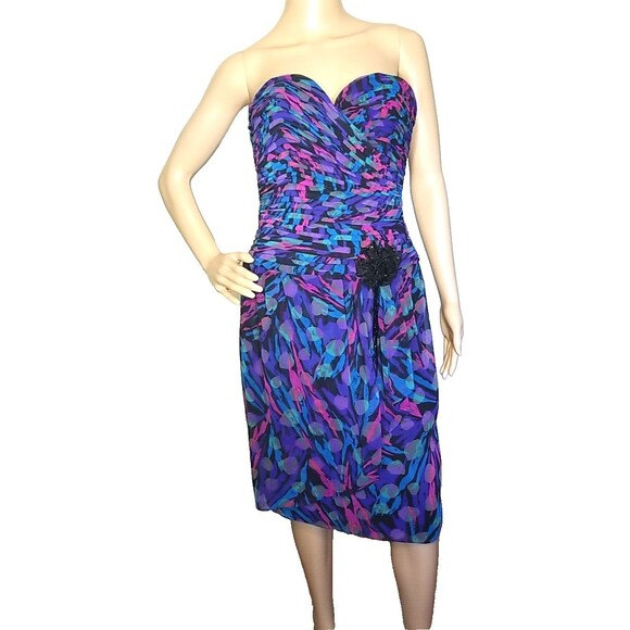Vintage A J Bari Vibrant Knee Length Strapless Dress with Scarf Size 10      T44 - Picture 2 of 12